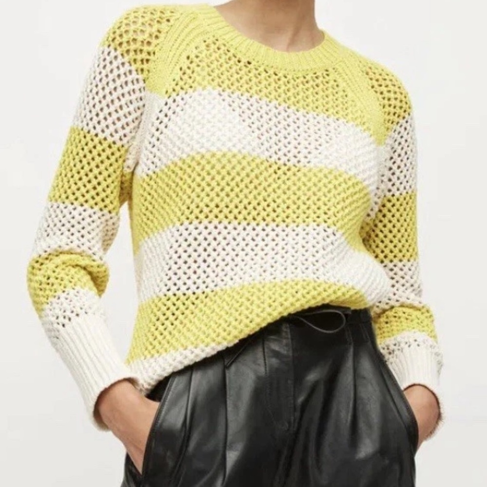 AllSaints Lou Mesh Top Women S Yellow Cream Stripe Sheer Y2K Festival crewneck